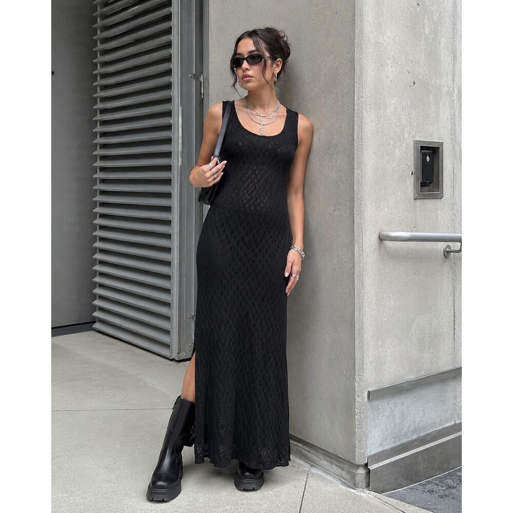 Y2K Black Textured Maxi Dress Side Slit M Rabbit Designs